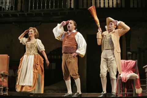 From left to right, Isabel Bayrakdarian (Susanna), Richard Bernstein (Figaro) and Sarah Castle (Cherubino) in San Diego Opera's production of Mozart's 'The Marriage of Figaro'. Photo © 2007 Ken Howard
