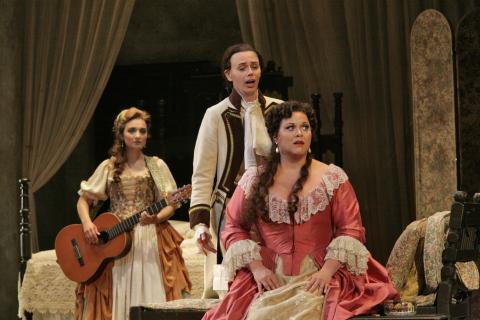 From left to right, Isabel Bayrakdarian (Susanna), Sarah Castle (Cherubino) and Pamela Armstrong (Countess Almaviva) in San Diego Opera's production of Mozart's 'The Marriage of Figaro'. Photo © 2007 Ken Howard