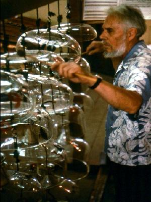 Partch at the Cloud Chamber Bowls, one of the many instruments he designed and constructed himself