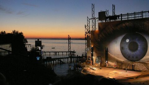 The sun sets over Lake Constance as the Bregenz Tosca begins. Photo © 2007 Philip Crebbin