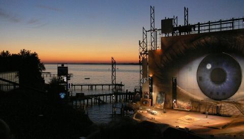 The sun sets over Lake Constance as the Bregenz Tosca begins. Photo © 2007 Philip Crebbin 