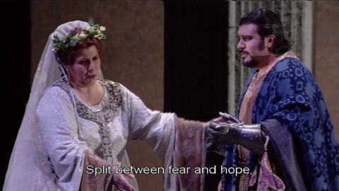 Marianne Cornetti as Cuniza and Carlo Ventre as Riccardo. Screenshot © 2007 Opus Arte/ABAO 