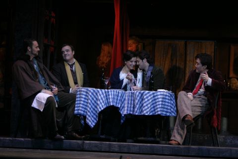 Christian Van Horn, Brian Mulligan, Virginia Tola, Arturo Chacón-Cruz and Hung Yun in 'La bohème' at Los Angeles Opera. Photo © 2007 Robert Millard 