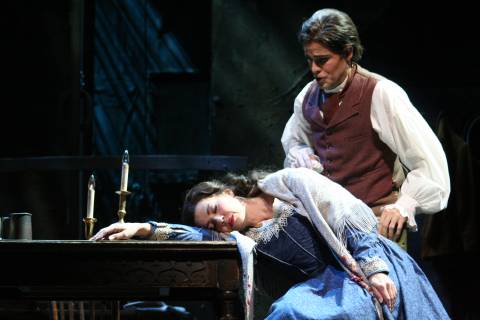 Rodolfo (Derek Taylor) notices how beautiful but pale Mimi (Rosemary Musoleno) is. Photo © 2007 Victor Massaro