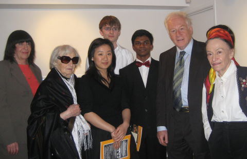 From left to right: jury member Angela Brownridge, Carola Grindea (BPSE UK Vice-Chairman),  three prize winners - Lin Yang, Schay Wickham, Julian Clef and jury members Stephen Savage and Sulamita Aronowsky 