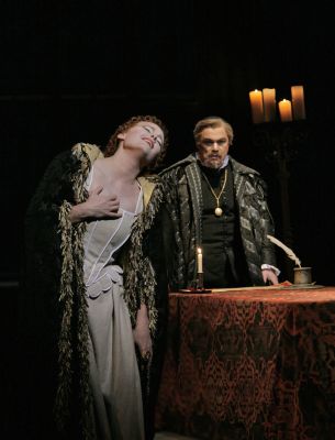 Elizabeth (Kate Aldrich) signs Mary's death warrant with Cecil (Andrew Greenan) in attendance. Photo © 2008 Ken Howard
