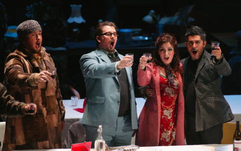 Wade Kernot as Colline, Robert Tucker as Schaunard, Antoinette Halloran as Mimì and Jesus Garcia as Rodolfo in New Zealand Opera's production of 'La bohème'. Photo © 2008 Neil Mackenzie