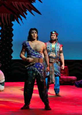 Charles Castronovo as Nadir (foreground) and Malcolm MacKenzie as Zurga in San Diego Opera's production of 'The Pearl Fishers'. Photo © 2008 Ken Howard