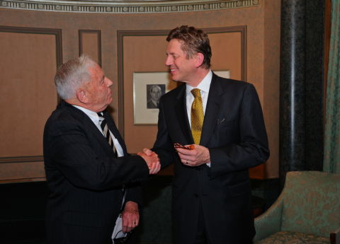 In recognition of The Cleveland Orchestra's induction into the American Classical Music Hall of Fame, the award medallion is presented to Gary Hanson, the orchestra's Executive Director, by Robert Olson (left), a member of the Board of Trustees of the Hall of Fame, in the Green Room at Severance Hall, Cleveland. Photo © 2008 Roger Mastroianni