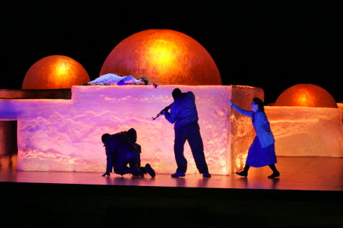 Monica Groop as Adriana (top) and (from left to right) Matthew Best as Tsargo, Joseph Kaiser as Yonas and Pia Freund as Refka in Kaija Saariaho's 'Adriana Mater' at Santa Fe Opera. Photo © 2008 Ken Howard 