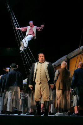 Teddy Tahu Rhodes as Billy Budd and Peter Rose as Claggart in Britten's 'Billy Budd' at Santa Fe Opera. Photo © 2008 Ken Howard 