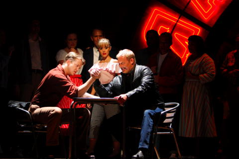 Daniel Okulitch, Ashlyn Rust (Tawny) and Jay Hunter Morris (Marky) in 'The Fly' at Los Angeles Opera. Photo © 2008 Robert Millard