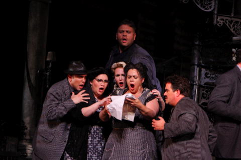 Brian Leerhuber, Rebekah Camm, Steven Cody, Lauren McNeese, Jill Grove and Greg Fedderly in Gianni Schicchi at Los Angeles Opera. Photo © 2008 Robert Millard
