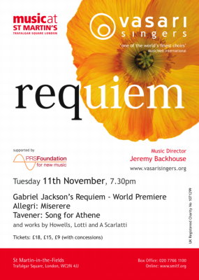 Vasari Singers - requiem - Music Director Jeremy Backhouse. Tuesday 11th November, 7.30pm