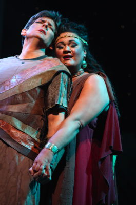Aida (Marie-Adele McArthur) convinces Radames (Drew Slatton) to reveal state secrets in Phoenix Opera's production of 'Aida'. Photo © 2009 Victor Massaro