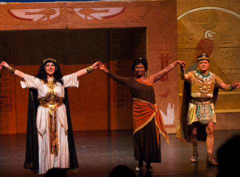 Curtain call at the Yavapai College Theater in Prescott, Arizona. From left to right: Amneris (Tatyana Kaminskaya), Aida (Olga Chernisheva) and Radames (Rumen Doikov). Photo © 2009 Slava Mudry