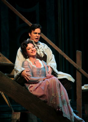 Sylvie Valayre as Floria Tosca and Marcus Haddock as Mario Cavaradossi in San Diego Opera's production of 'Tosca'. Photo © 2009 Ken Howard