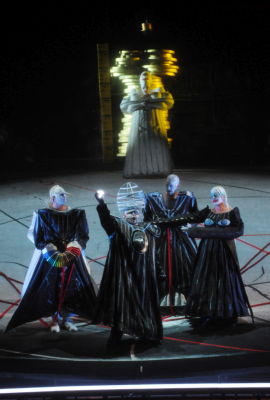 From left to right: Beau Gibson as Froh, Vitalij Kowaljow as Wotan, Wayne Tigges as Donner, Michelle de Young as Frika, and, at the rear, Ellie Dehn as Freia in LA Opera's production of 'Das Rheingold'. Photo © 2009 Monika Rittershaus