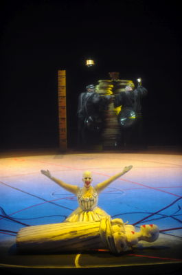 Ellie Dehn as Freia with, at the rear, Morris Robinson as Fasolt and Eric Halfvarson as Fafner in LA Opera's production of 'Das Rheingold'. Photo © 2009 Monika Rittershaus