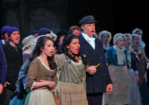 From left to right in the foreground, Priya Palekar and Priti Gandhi as the nieces and Rod Gilfry as Captain Balstrode in San Diego Opera's production of 'Peter Grimes'. Photo © 2009 Ken Howard