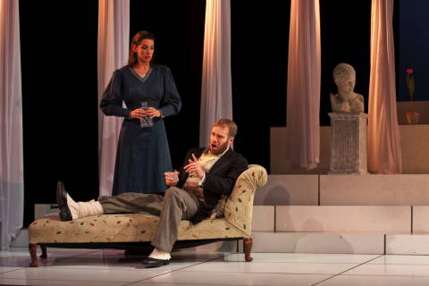 Adriana Festeu as Marianna and Thomas Kennedy as Bruschino padre in British Youth Opera's 'Il Signor Bruschino'