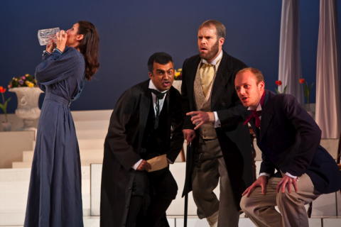 Adriana Festeu as Marianna, Michel de Sousa as Gaudenzio, Thomas Kennedy as Bruschino padre and Thomas Herford as Florville in British Youth Opera's 'Il Signor Bruschino'