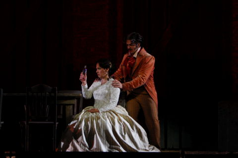 Nino Machaidze as Adina and Giorgio Caoduro as Doctor Dulcamara in L A Opera's 'The Elixir of Love'. Photo © 2009 Robert Millard