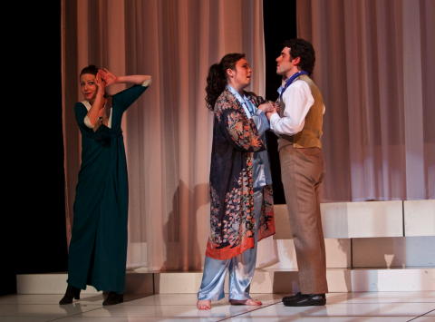 Hanna Hipp as Lucilla, Natalya Romaniw as Giulia and Carlos Nogueira as Dorvil in British Youth Opera's 'La Scala di Seta'. Photo © 2009 Clive Barda