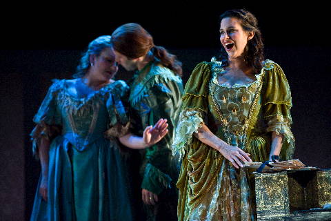 Celeste Lazarenko as Morgana, Nathan Vale as Oronte and Natasha Jouhl in the title role of English Touring Opera's production of Handel's 'Alcina'. Photo © 2009 Richard Hubert Smith