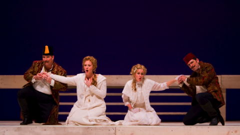 Scott Ramsay as Ferrando, Caitlin Lynch as Fiordiligi, Lauren McNeese as Dorabella and Michael Mayes as Guglielmo in the Arizona Opera production of 'Così fan tutte'. Photo © 2009 Tim Fuller