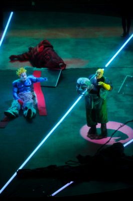 John Treleaven as Siegfried and Graham Clark as Mime with, at the rear, Eric Halfvarson as Fafner. Photo © 2009 Monika Rittershaus