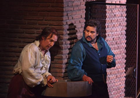 David Pittsinger as Angelotti and Marcelo Alvarez as Cavaradossi. Photo © 2009 Ken Howard