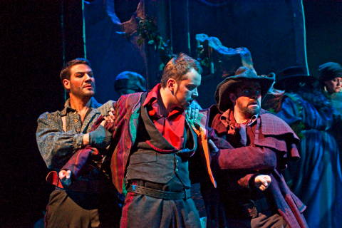 José is held fast by Le Remendado, Isaac Hurtado, and Le Dancaire, Beau Heckman in the Phoenix Opera production of Bizet's 'Carmen'. Photo © 2009 Victor Massaro