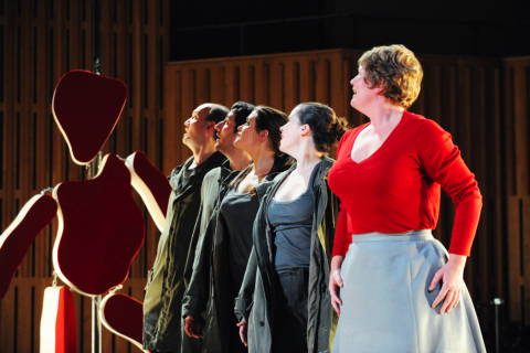 Yvonne Howard as Lemminkäinen's mother with Elizabeth Cragg, Frances Bourne, Nicholas Sharratt and Graeme Broadbent in the Opera North production of 'Swanhunter' by Jonathan Dove and Alasdair Middleton. Photo © 2009 Tristram Kenton