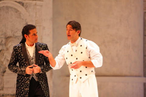 Juan Diego Florez as Almaviva and Nathan Gunn as Figaro in Los Angeles Opera's 'The Barber of Seville'. Photo © 2009 Robert Millard