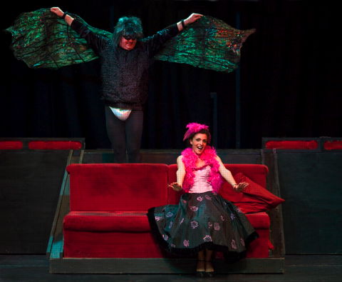 Stefanie Kemball-Read as Euridice and Ian Belsey as Jupiter in Act 2 Scene 1 of Offenbach's 'Orpheus in the Underworld' at Kentish Opera. Photo © 2009 Ken Brown