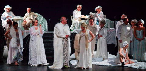 Ian Belsey as Jupiter, Nicola Widenbach as Juno, Lisa Swayne as Diana and Letitia Perry as Minerva in Act 1 Scene 2 of Offenbach's 'Orpheus in the Underworld' at Kentish Opera. Photo © 2009 Ken Brown