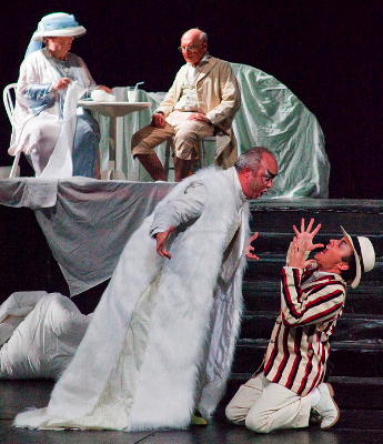Ian Belsey as Jupiter and Joe Shovelton as Aristaeus in Act 1 Scene 2 of Offenbach's 'Orpheus in the Underworld' at Kentish Opera. Photo © 2009 Ken Brown